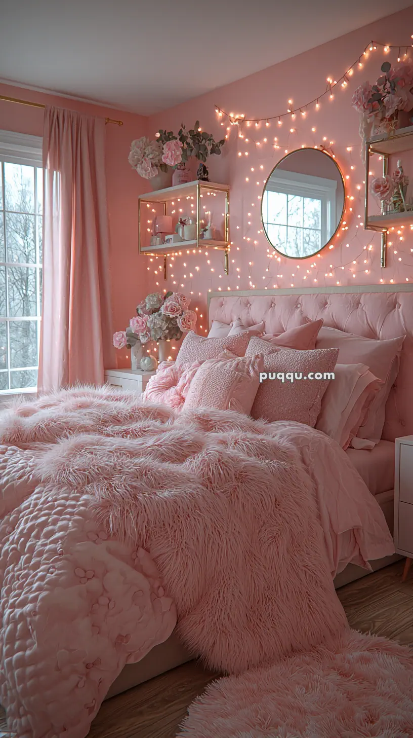 A cozy pink-themed bedroom with a plush bed, fluffy pillows, and a textured blanket. The wall is adorned with warm string lights around a round mirror, and there are shelves with decorative items, including pink flowers. A window with pink curtains allows natural light to enter.