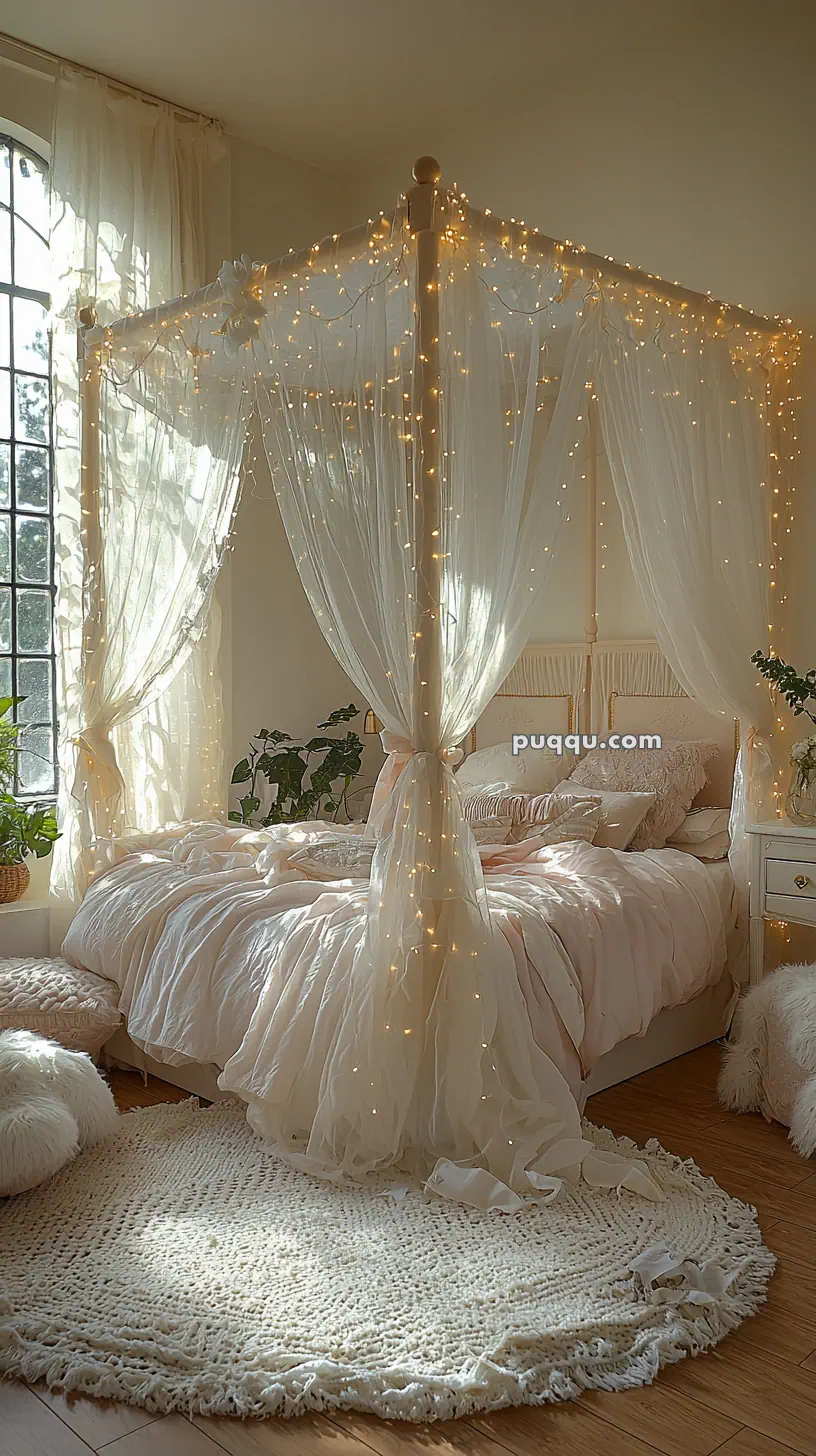 A cozy bedroom featuring a bed with a canopy draped in sheer white curtains adorned with string lights. The room is softly lit with natural light coming through a large window, and there are plants placed around the room. A plush pink rug and fluffy cushions add to the inviting atmosphere.