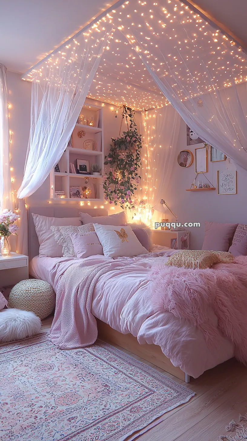 A cozy bedroom featuring a canopy bed with pink bedding, surrounded by sheer curtains and hanging fairy lights creating a warm glow. The room includes decorative pillows, a green plant, and wall art, complemented by a light pink area rug and fluffy floor cushions.