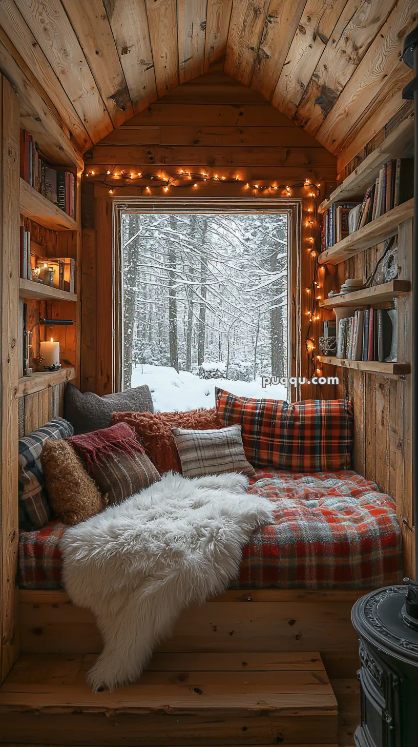 A cozy wooden cabin nook with a large window overlooking a snowy forest, adorned with string lights, shelves of books, and a plush seating area with cushions and a furry blanket.