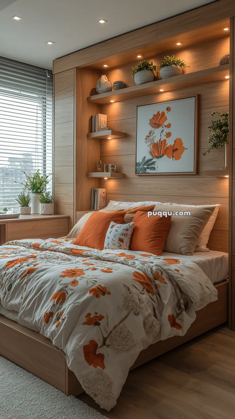 A cozy bedroom with a wooden headboard featuring built-in shelves, decorated with plants and books. The bed has a floral orange and white duvet cover and matching pillows. A large window with blinds allows natural light in, and a framed floral artwork hangs above the bed.