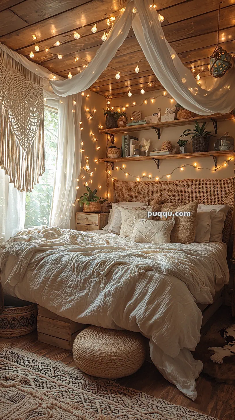 A cozy bedroom with a wooden ceiling adorned with string lights, a canopy of sheer fabric, a large bed with textured bedding, woven decor, and plants on shelves and nightstand, creating a warm and rustic ambiance.