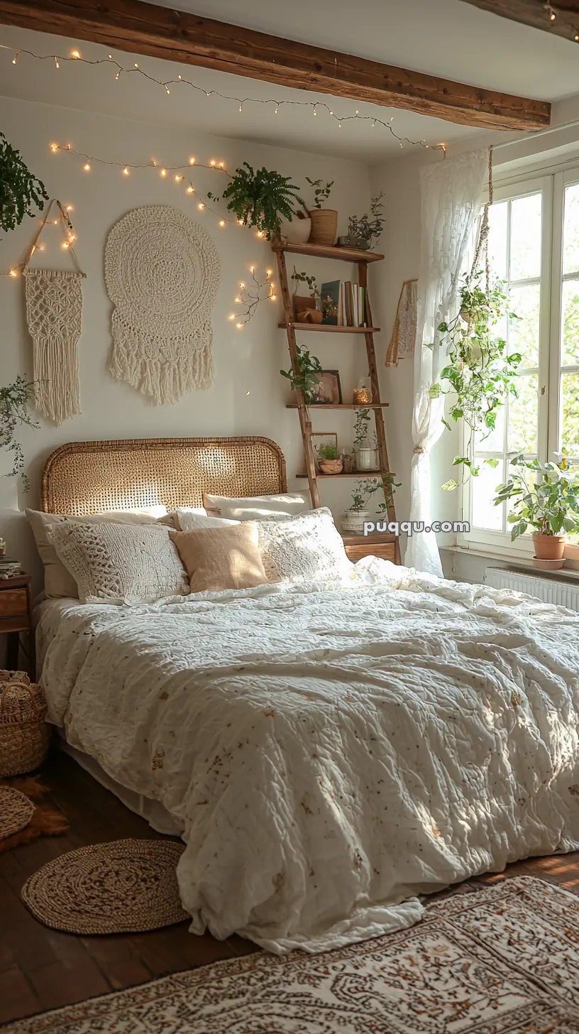 A cozy bedroom with a rattan headboard bed, white bedding, macramé wall hangings, and a wooden ladder shelf adorned with plants and books. String lights hang above, and a large window lets in natural light, highlighting the greenery.