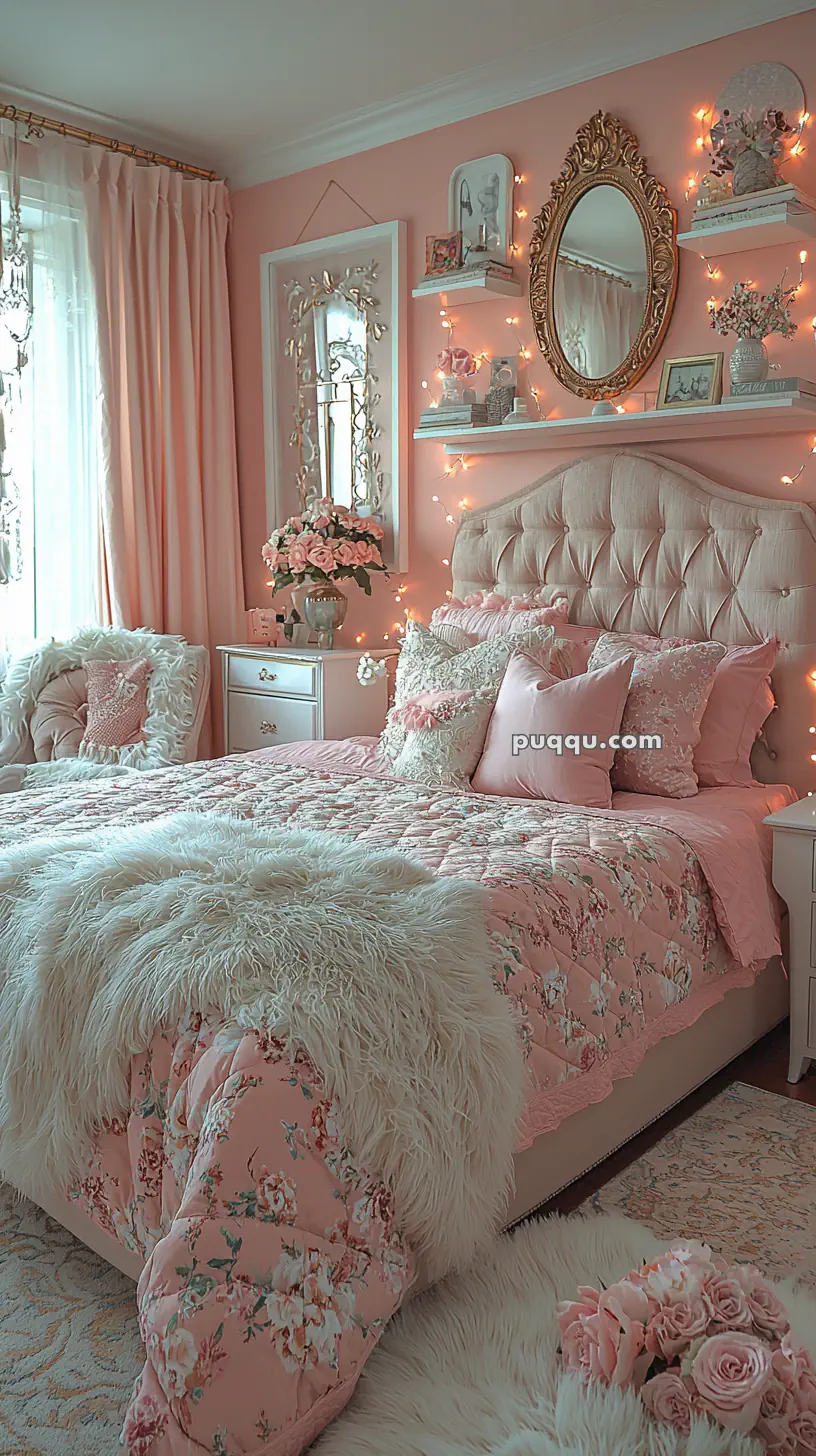 A cozy pink-themed bedroom with a tufted headboard, fluffy throw, floral bedding, and decorative pillows. The room features elegant wall shelves with a gold-framed mirror, fairy lights, flowers, and various decorative items. The curtains and rug complement the soft, romantic decor.