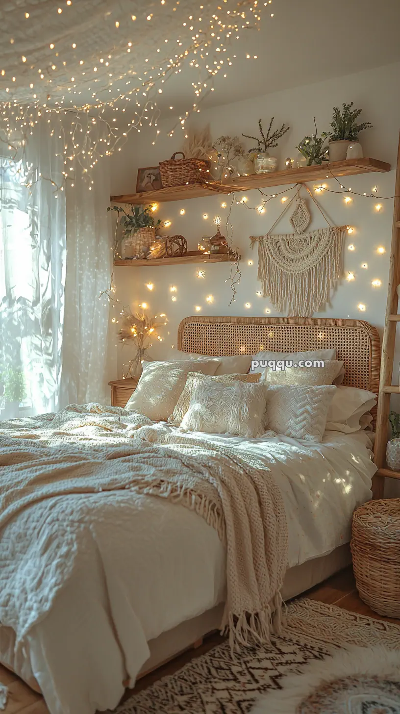 A cozy bedroom with a rattan bedhead, adorned with soft, neutral-colored pillows and a knitted throw blanket. The room features fairy lights hanging above and on the walls, a macramé wall hanging, and wooden shelves with plants and decorative items. Natural light streams in through a window with sheer curtains, highlighting the bohemian decor.