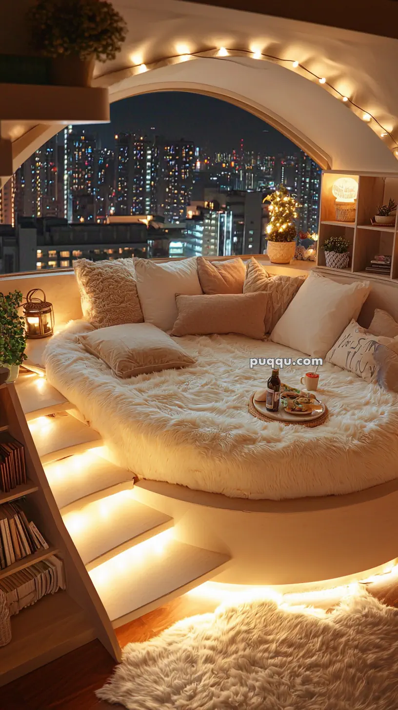 A cozy nook with a fluffy circular bed covered in pillows and blankets, bathed in warm light from overhead string lights. A cityscape is visible through a large arched window. The area includes a small bookshelf, plants, and a tray with snacks and drinks on the bed.