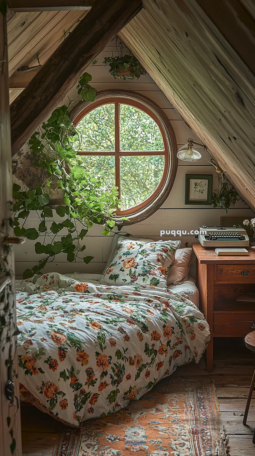 A cozy attic bedroom with a circular window, featuring a bed with floral bedding, surrounded by potted plants, next to a wooden desk with a typewriter.