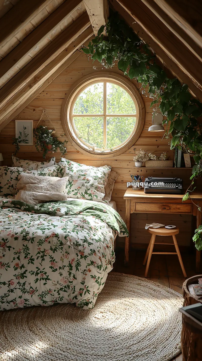 A cozy attic bedroom with a wooden interior, featuring a round window overlooking greenery, a floral-patterned bedspread, and a small wooden desk with a vintage typewriter and plants.