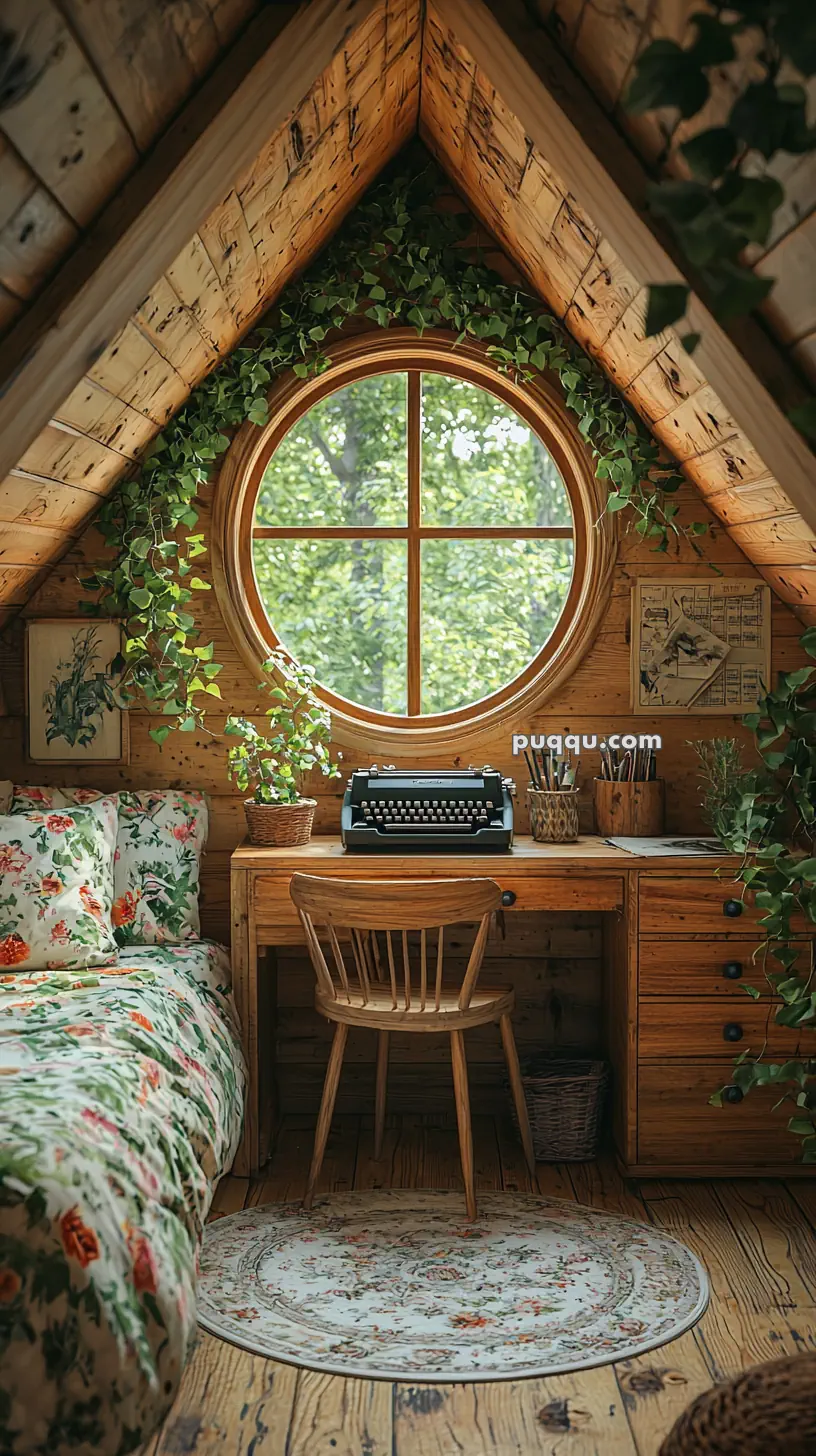 A cozy attic room featuring a round window with ivy, a wooden desk with a typewriter, and a floral bedspread on a bed. The room has wooden paneled walls and floor, with potted plants and art decorating the space.