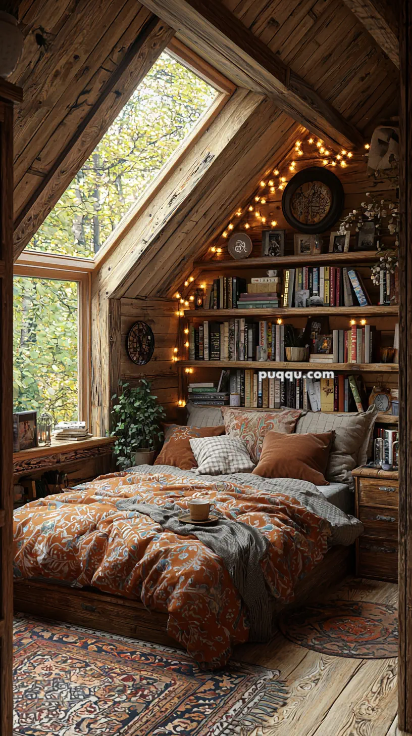 A cozy attic bedroom with slanted wooden walls and ceiling, featuring a large window overlooking a leafy view. The room is decorated with a bed covered in patterned bedding, a bookshelf filled with books and fairy lights, a small side table with a plant, and a colorful patterned rug on the floor.