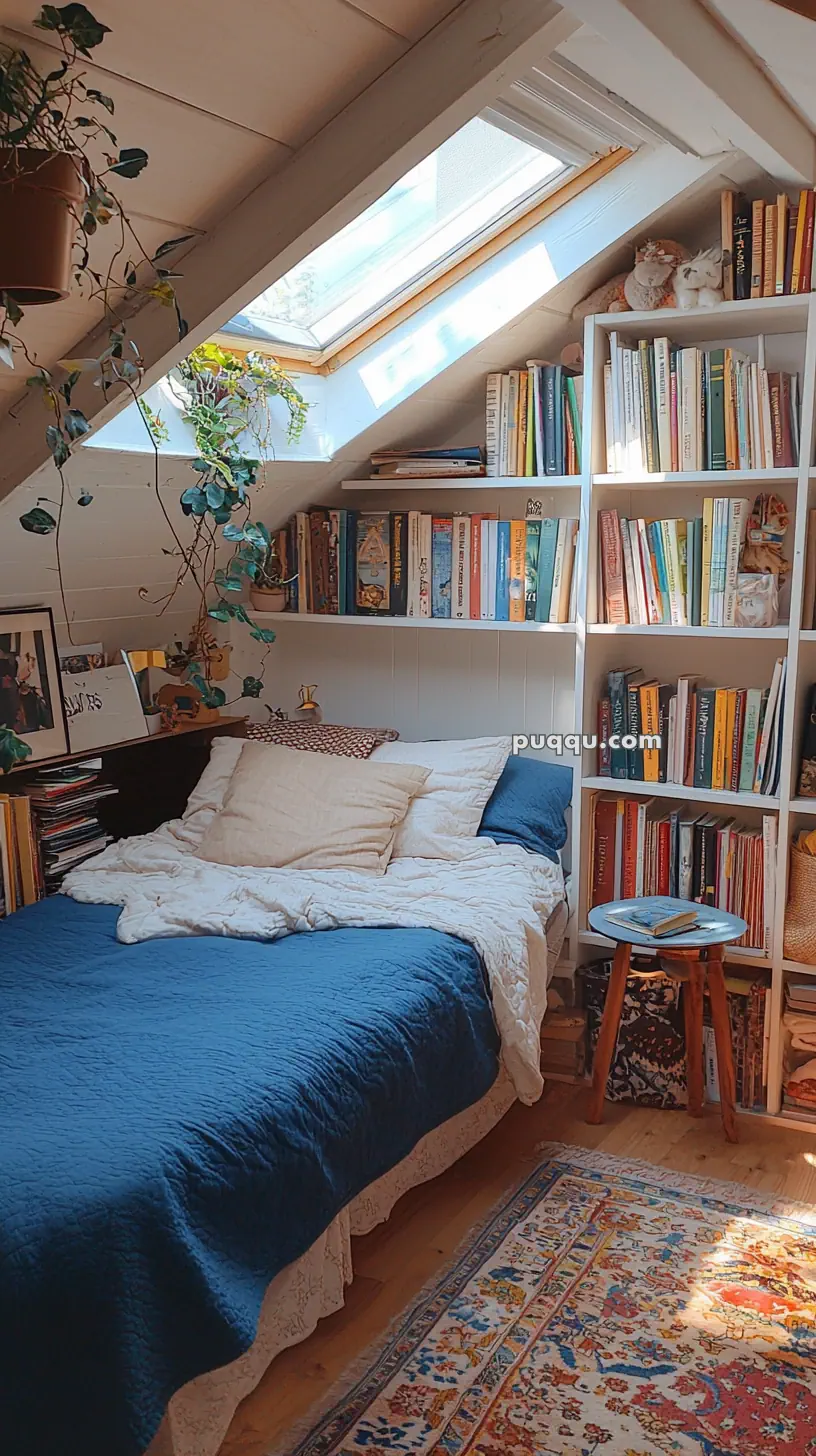 A cozy attic bedroom with a slanted ceiling featuring a skylight, allowing natural light to illuminate bookshelves filled with books and decorative items. A bed with a blue quilt and cream pillows is positioned against the shelves, with a wooden stool beside it and a colorful patterned rug on the floor. Potted plants hang from the ceiling adding greenery to the room.