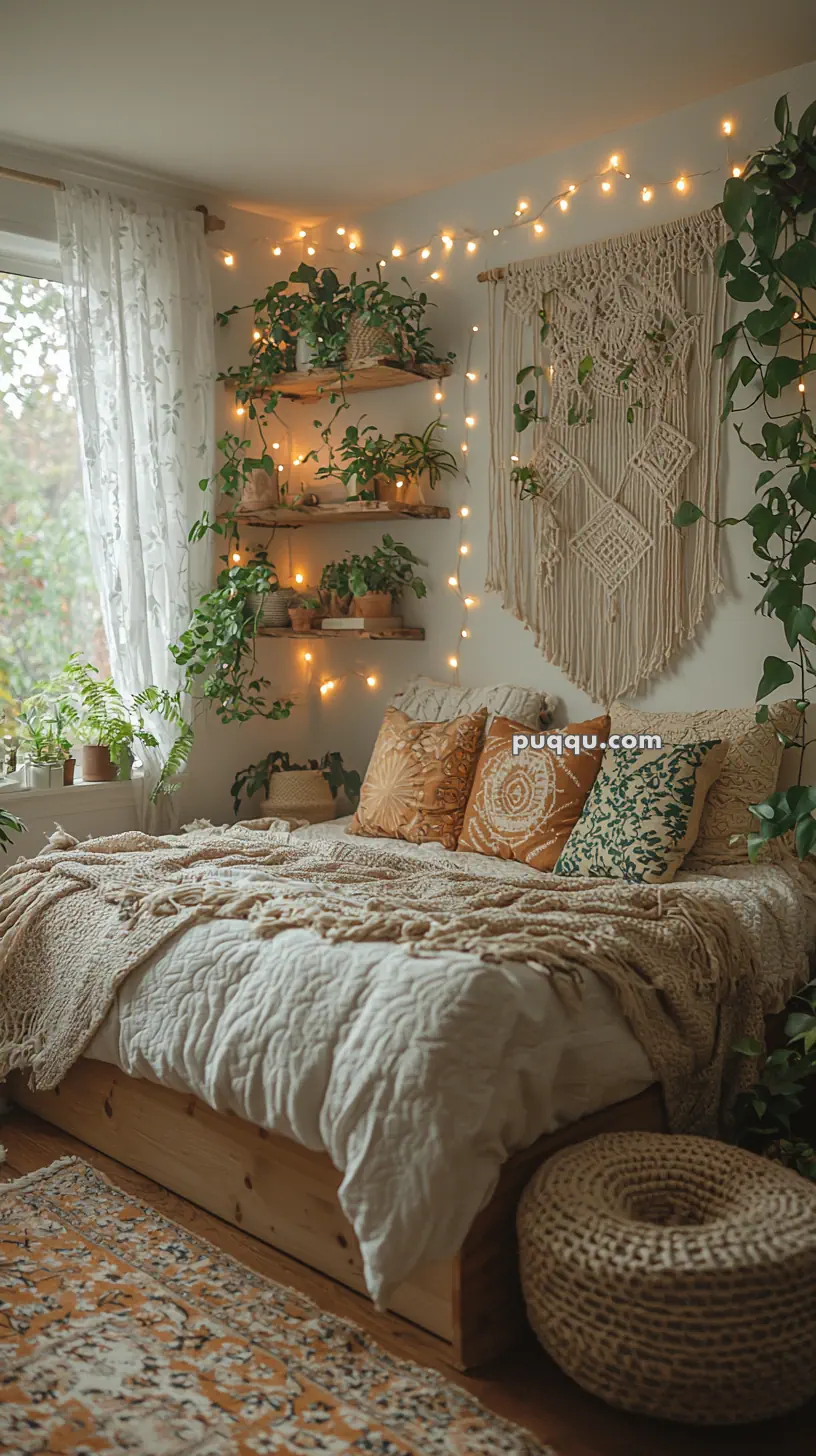 A cozy bedroom featuring a wooden bed with soft pillows and a knitted blanket, surrounded by hanging plants and shelves with greenery. The wall is decorated with macramé and string lights, creating a warm, inviting atmosphere. A window with sheer curtains overlooks a garden.