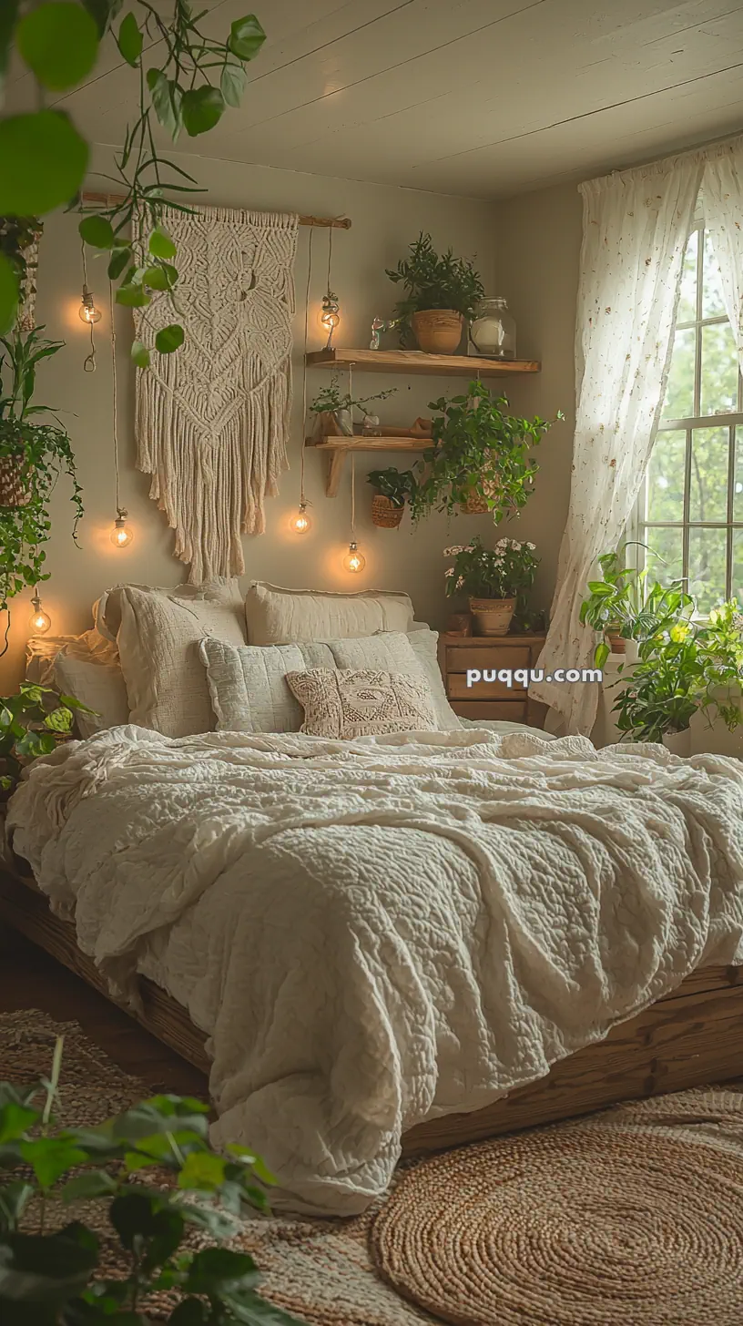 Cozy bedroom with a plush bed covered in cream-colored bedding, surrounded by lush green plants. A macramé wall hanging and warm string lights decorate the wall, while a large window with soft curtains allows natural light into the room.