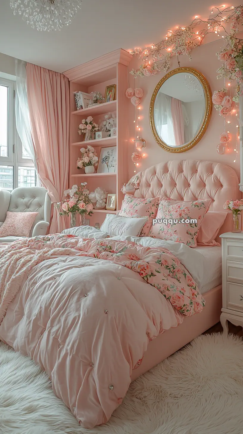 A cozy, feminine bedroom with a pink theme, featuring a plush bed with floral cushions and a tufted headboard, a round mirror surrounded by string lights, and a bookshelf decorated with flowers and framed pictures.