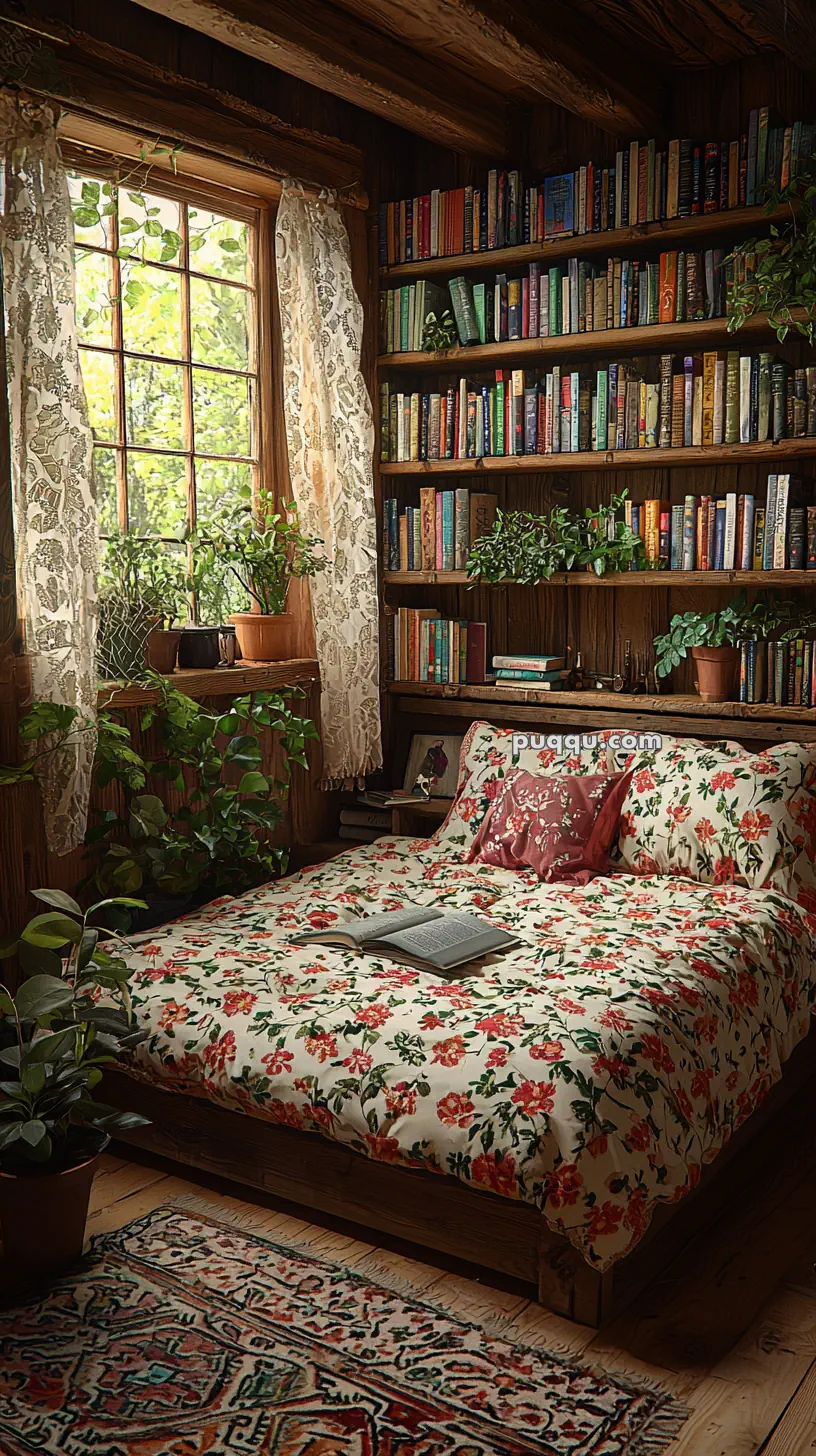 A cozy bedroom with a floral-patterned bedspread, surrounded by bookshelves filled with colorful books. The room is decorated with potted plants and has a wooden window with lace curtains letting in natural light, alongside an open book resting on the bed.