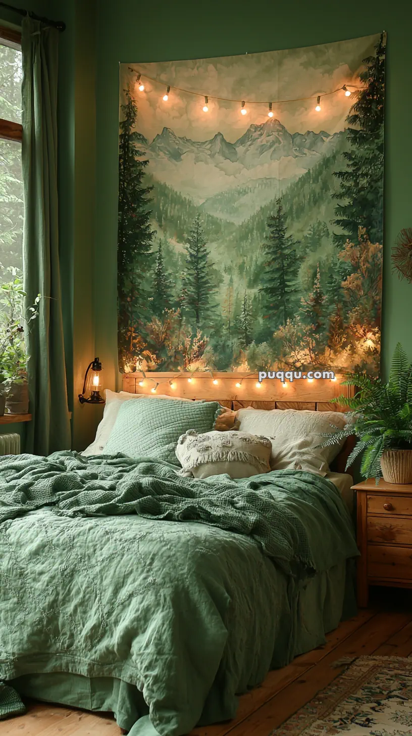 A cozy bedroom with green bedding and a large tapestry on the wall depicting a forest and mountain scene, adorned with string lights above the bed. A wooden nightstand with a plant adds to the earthy aesthetic, complemented by a window with green curtains.