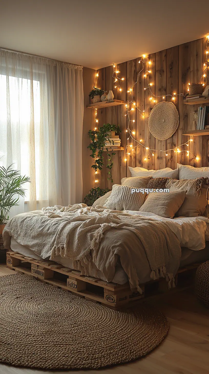 Cozy bedroom with a bed on a wooden pallet frame, adorned with beige and white bedding, string lights on a wooden accent wall, potted plants, and a woven circular rug on the floor.