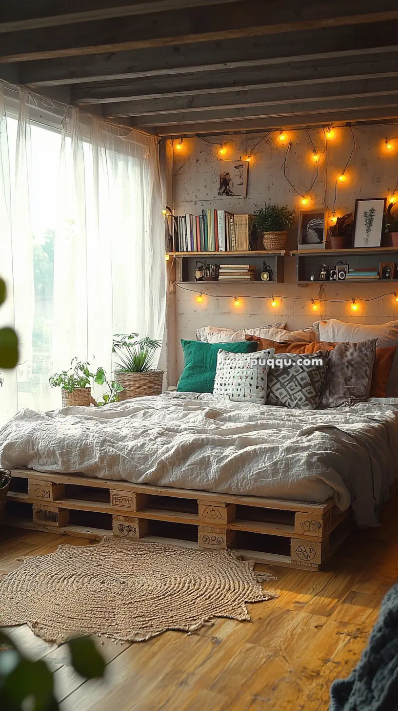 Cozy bedroom with a bed on wooden pallets, surrounded by various throw pillows and blankets, a large window with sheer curtains, wooden shelves with books and decorations, and warm string lights above the bed.