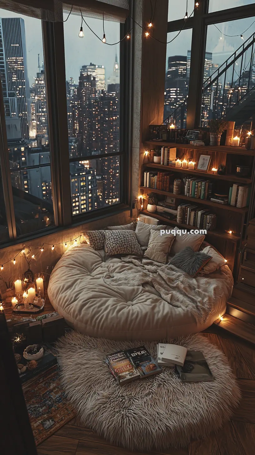 A cozy room with a round bed adorned with pillows and a soft rug, surrounded by dimly lit candles and string lights, offers a view of a cityscape through large windows, providing a warm and inviting ambiance.