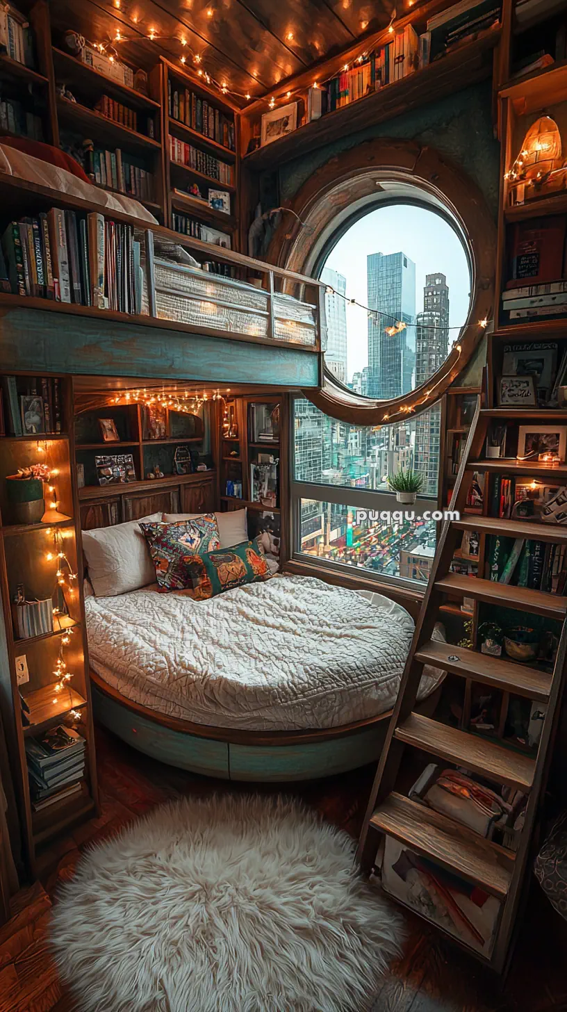 A cozy bedroom with a round window view of skyscrapers, featuring a round bed with quilts and decorative cushions, a fluffy rug on the floor, wooden shelves filled with books and decorations, and warm string lights hanging around the room.