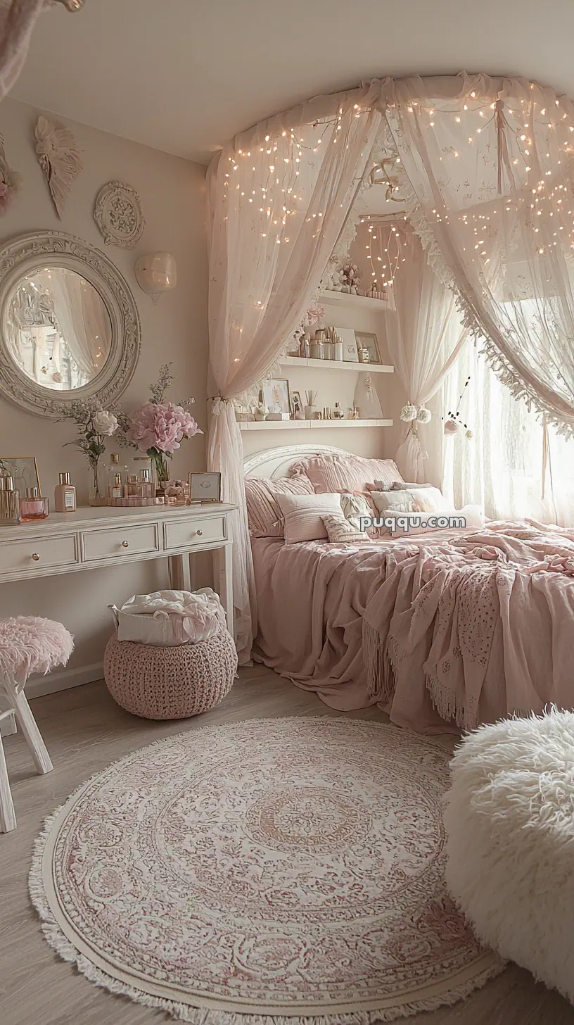 A cozy bedroom with a pink and white color scheme, featuring a bed with draped canopy and twinkling fairy lights, a white vanity table with assorted perfumes and flowers, a round patterned rug, and plush seating.