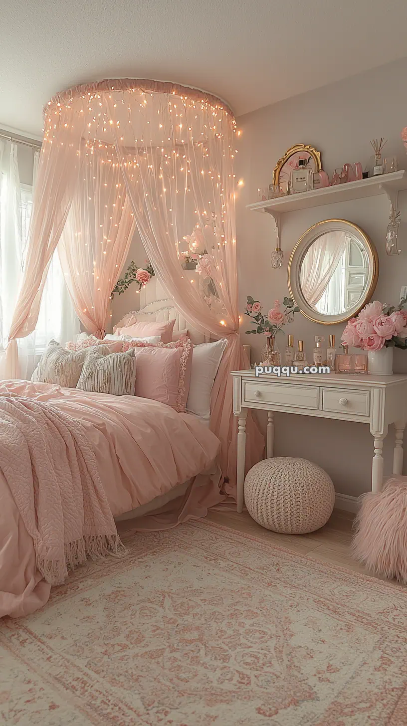 A cozy bedroom with a pink theme, featuring a canopy bed adorned with fairy lights and floral decorations. A white vanity with a round mirror and pink flowers sits nearby, and a plush area rug complements the decor.