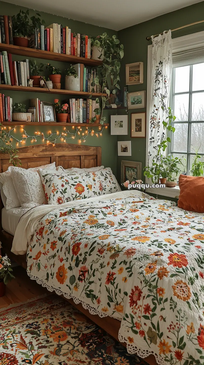 A cozy bedroom with a green accent wall featuring a wooden headboard, floral bedding, and a variety of plants. Shelves above the bed are filled with books and potted plants, and string lights provide warm lighting. A window with sheer floral curtains reveals a view outside.