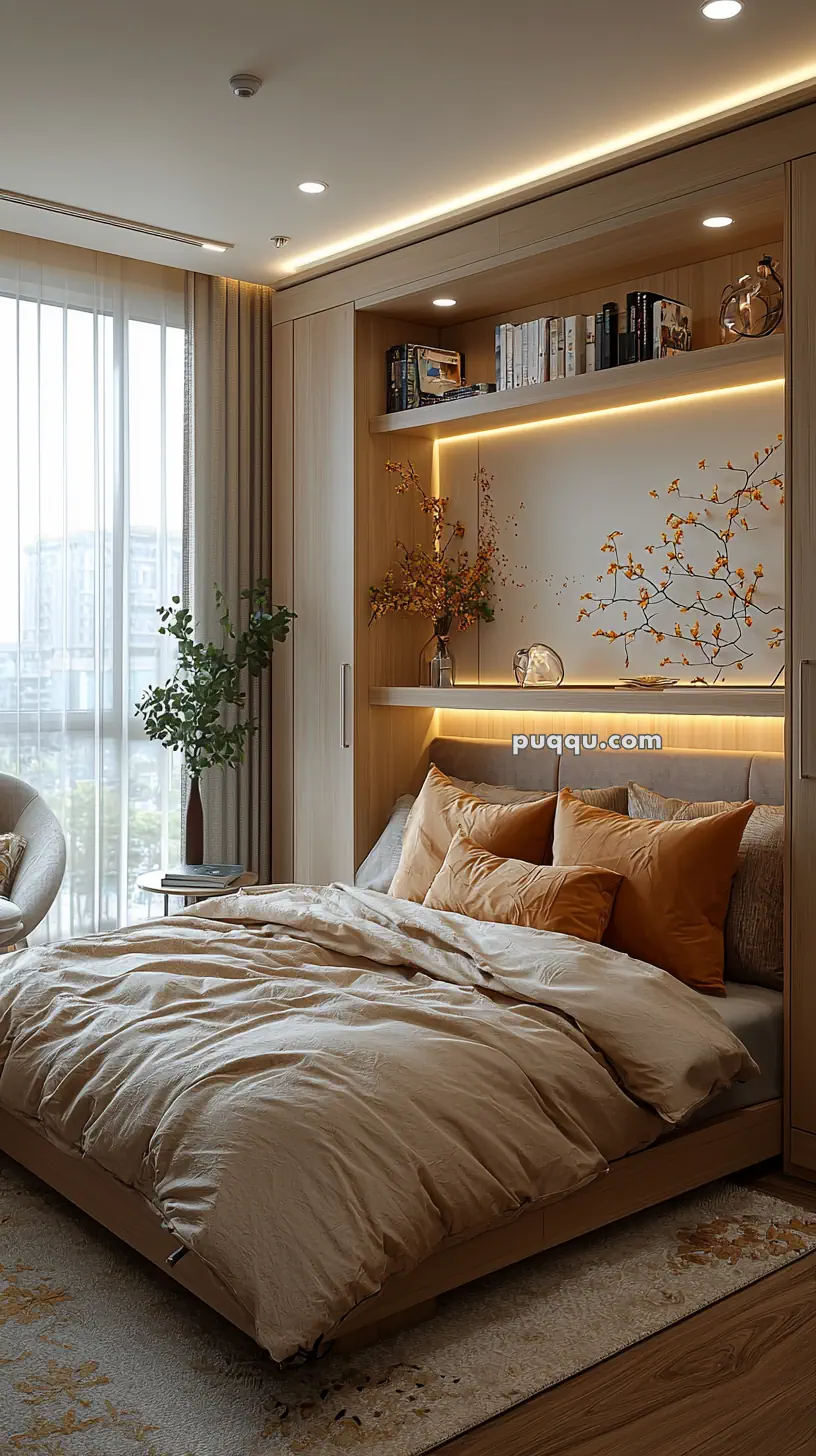 A cozy bedroom with a neatly made bed featuring beige and brown bedding. The room includes built-in wooden shelves with books and decorative items, such as vases with flowers and leaves. Soft lighting illuminates the shelves and decor. A large window with sheer curtains lets in natural light, and a potted plant sits on a small round table beside a cushioned chair.