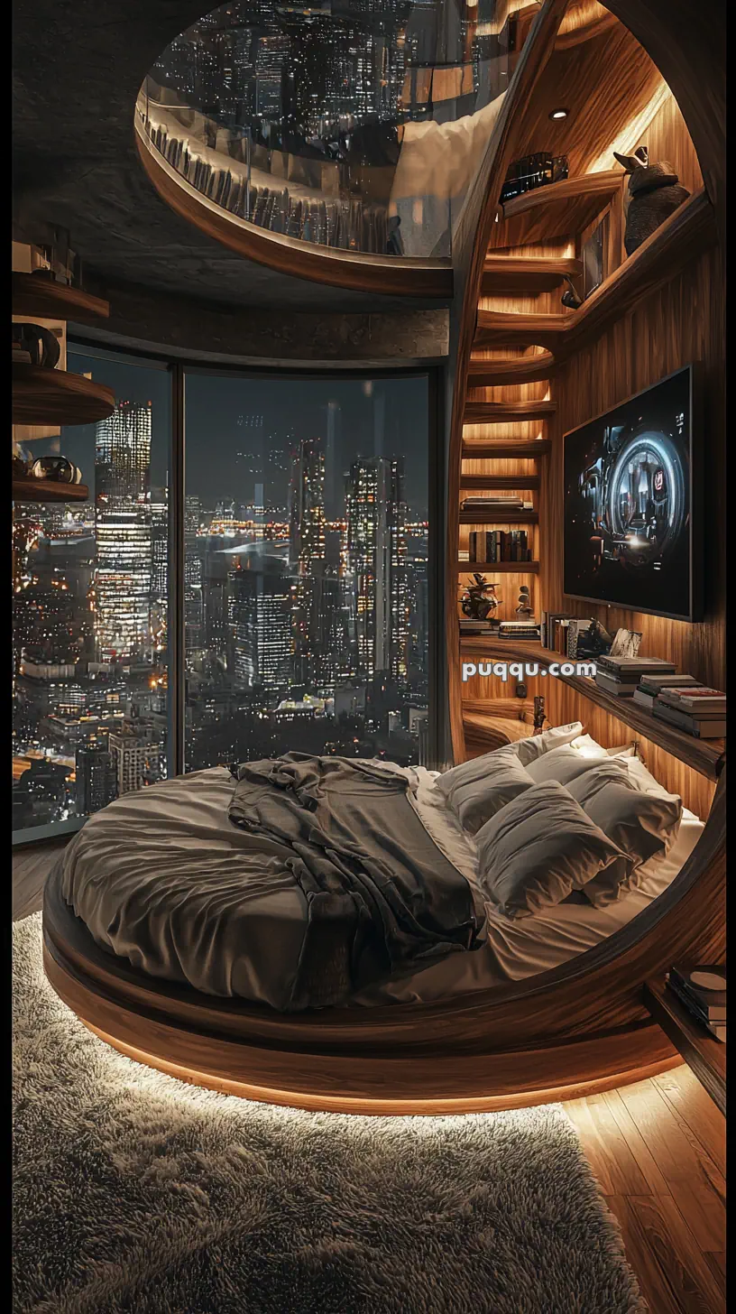 Modern bedroom with a round bed in a wooden frame, a large curved window showing a city skyline at night, and a wall-mounted TV and shelves beside the bed.