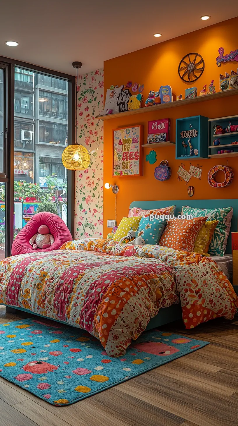 A colorful bedroom with a vibrant orange accent wall and floral wallpaper. The room features a bed with a multicolored polka dot comforter, numerous decorative pillows, and a plush pink chair. A woven pendant light hangs from the ceiling, and there are playful decorations like a rainbow of art and trinkets on shelves and walls. A blue rug with multi-colored dots is on the wooden floor.