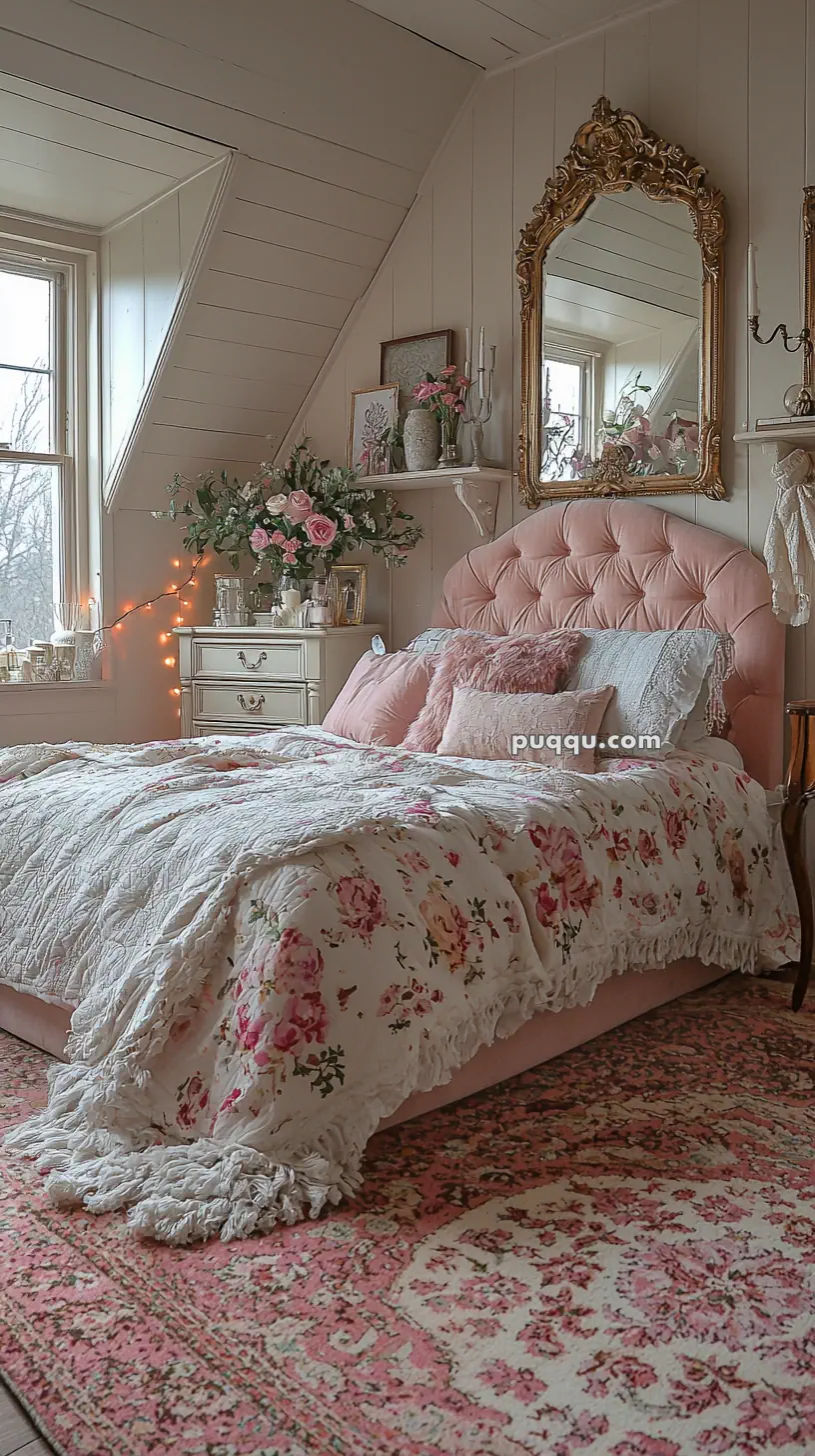 A cozy bedroom with a pink tufted headboard, floral bedspread, and decorative pillows. The room features vintage-style decor, including a large ornate mirror and floral arrangements. Soft lighting and a warm atmosphere are created by string lights and pastel colors.