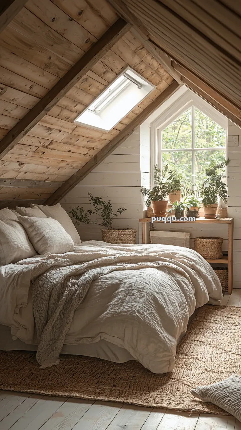 A cozy attic bedroom with slanted wooden ceilings, featuring a neatly made bed with beige linens, a woven rug, and potted plants placed near a window, allowing natural light to fill the space.