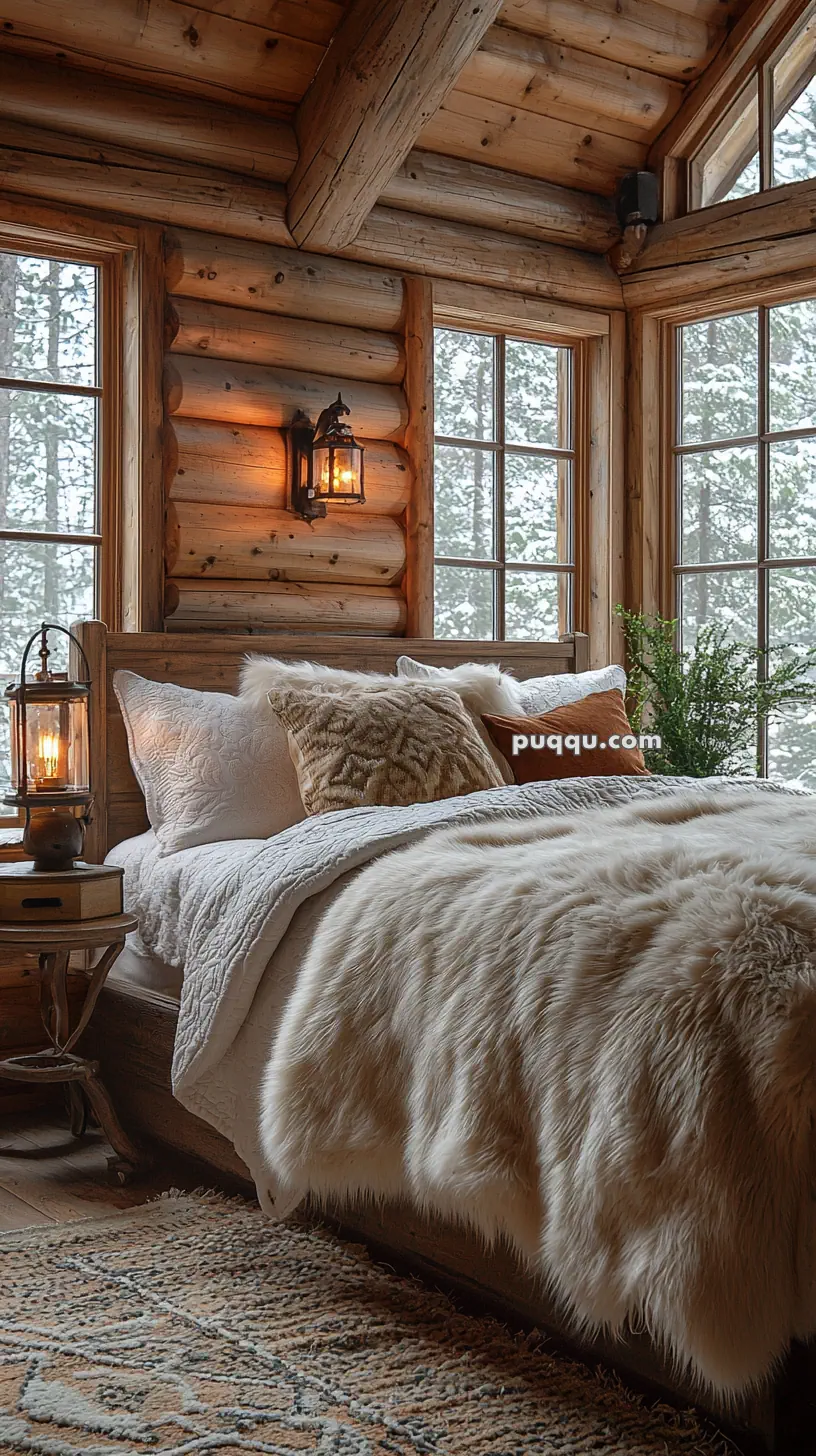 A cozy log cabin bedroom with large windows showing a snowy landscape, featuring a bed with plush fur blankets and a variety of textured pillows, an antique-style lantern on a wooden nightstand, and warm wooden interior walls and ceiling.