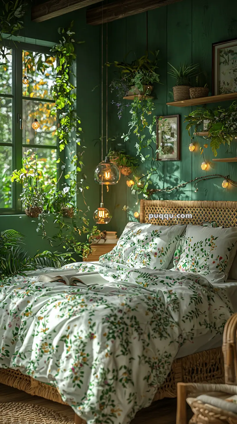 Cozy bedroom with green walls, a bed adorned with floral-patterned bedding, and surrounded by lush hanging and potted plants, illuminated by warm pendant lights.