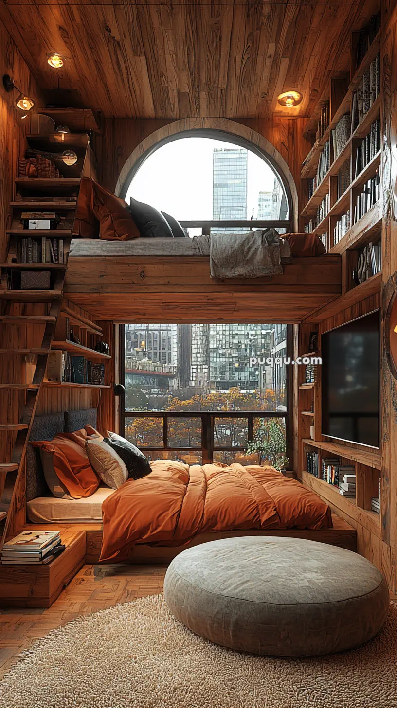 Cozy wooden loft with a large round window, a bed on a raised platform with climbing stairs, orange bedding, bookshelves, and a view of city buildings outside.