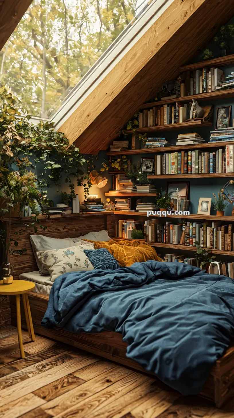 Cozy bedroom in an attic with a large skylight, wooden shelving filled with books, plants, and a bed covered with blue and mustard bedding.