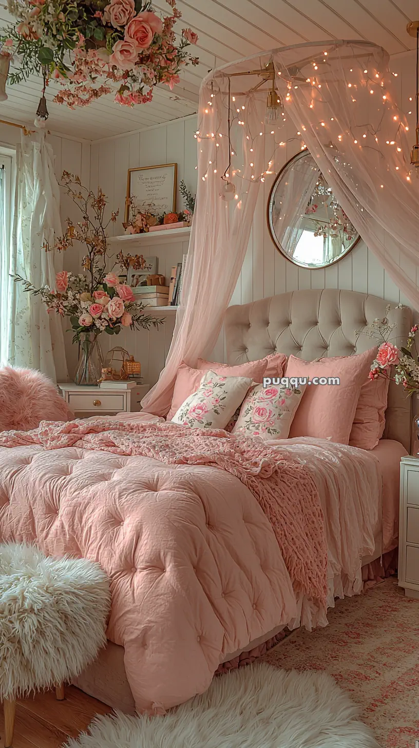 A cozy, pink-themed bedroom with a plush, tufted bed adorned with floral pillows and a pink comforter. The room features soft lighting from string lights draped around a sheer canopy. A round mirror hangs on the wall, and the room is decorated with vases of pink and white flowers.