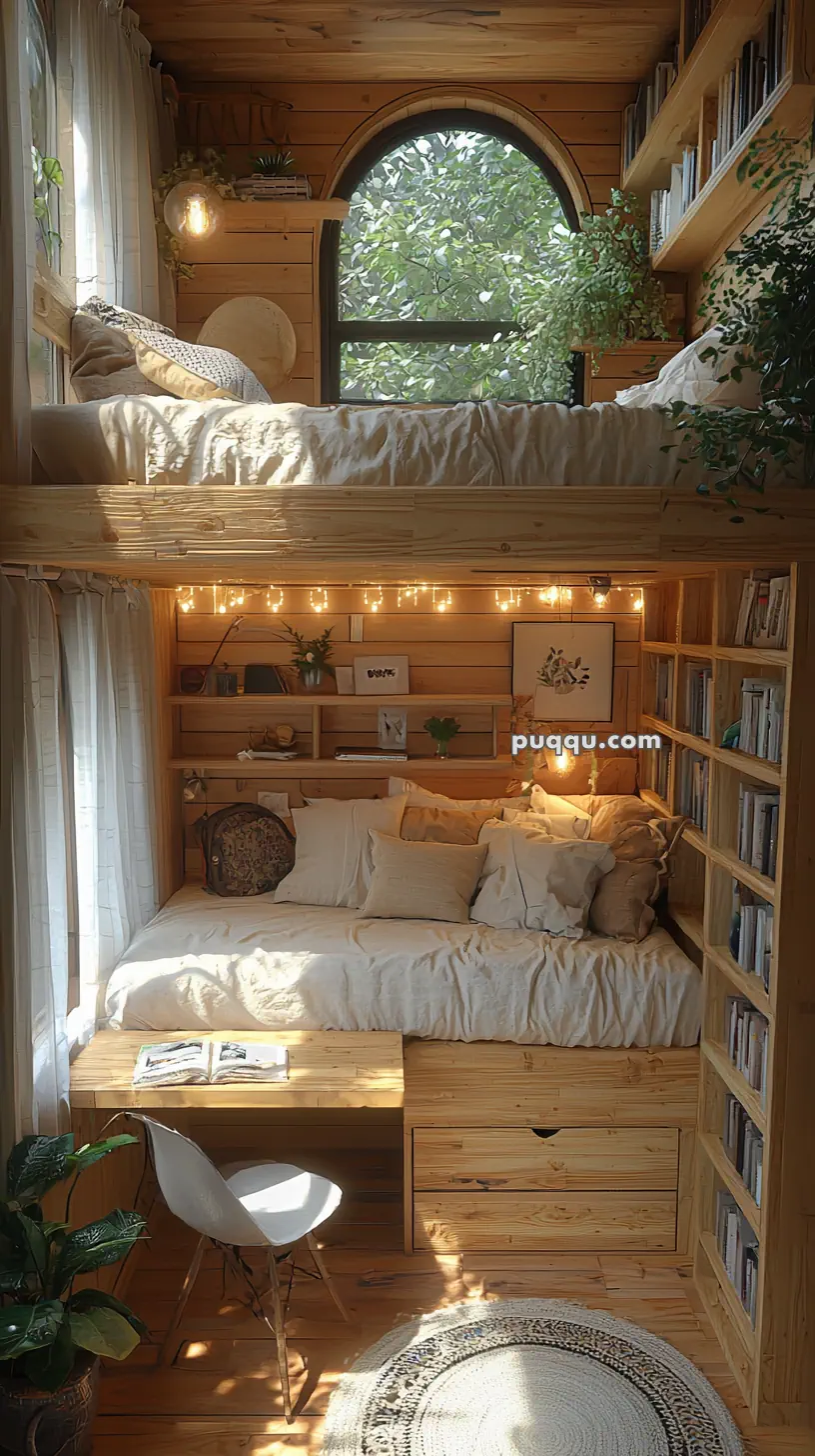 A cozy wooden interior with two levels of beds, bookshelf, and a small table with a chair. The room is decorated with string lights, plants, and has a large arched window allowing natural light in.