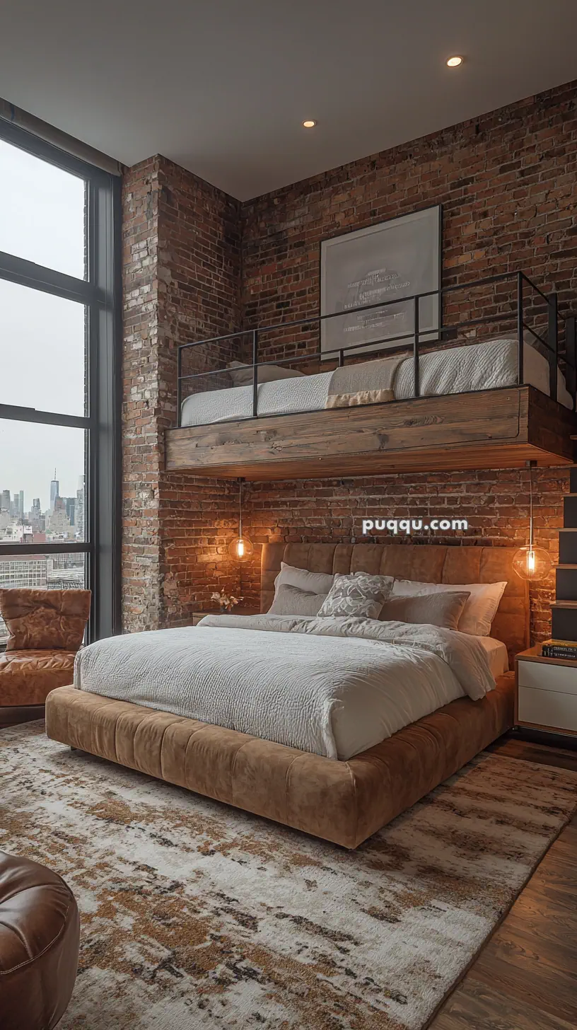 A modern bedroom with exposed brick walls features a large upholstered bed topped with white bedding, situated below a suspended loft bed. Soft lighting and a large window overlooking a cityscape enhance the room's industrial yet cozy atmosphere.