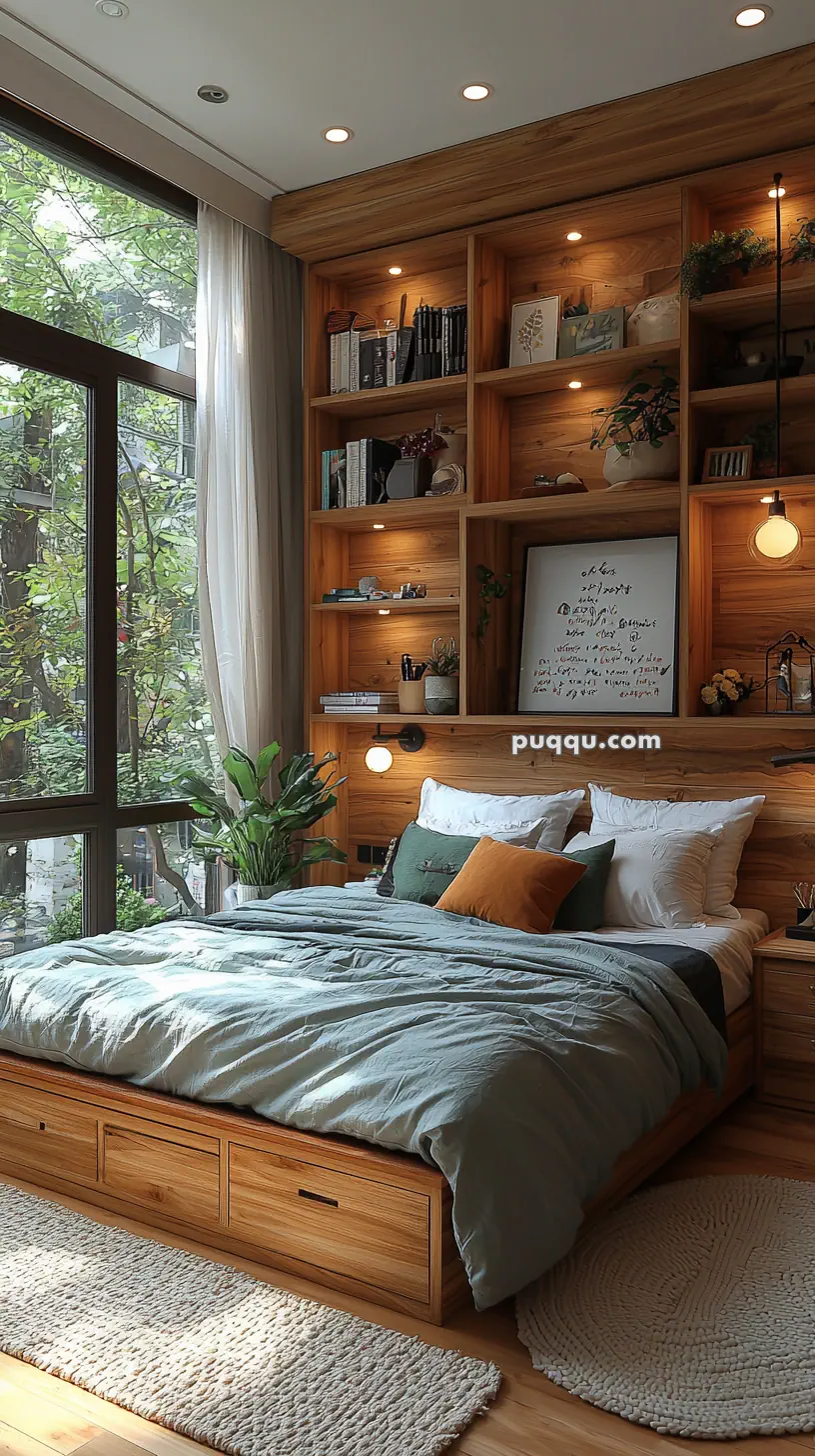 A modern bedroom featuring a wooden platform bed with gray bedding, surrounded by built-in wooden shelving filled with books and decorative items. A large window on the left allows natural light to illuminate the room, complemented by hanging pendant lights and potted plants for an inviting atmosphere.