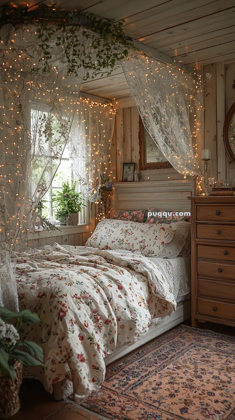 Cozy bedroom with floral bedding, surrounded by lace curtains and warm string lights; plants sit by the window, and a wooden chest of drawers stands next to the bed.