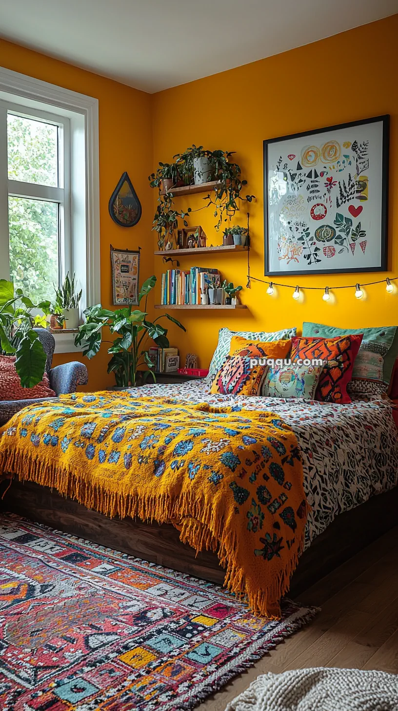 A cozy bedroom with bright orange walls, a bed adorned with colorful pillows and a vibrant yellow blanket with blue patterns. Plants decorate the windowsill and shelves, which also hold books and small ornaments. A framed artwork hangs on the wall above the bed, and a decorative light string adds warmth to the space.