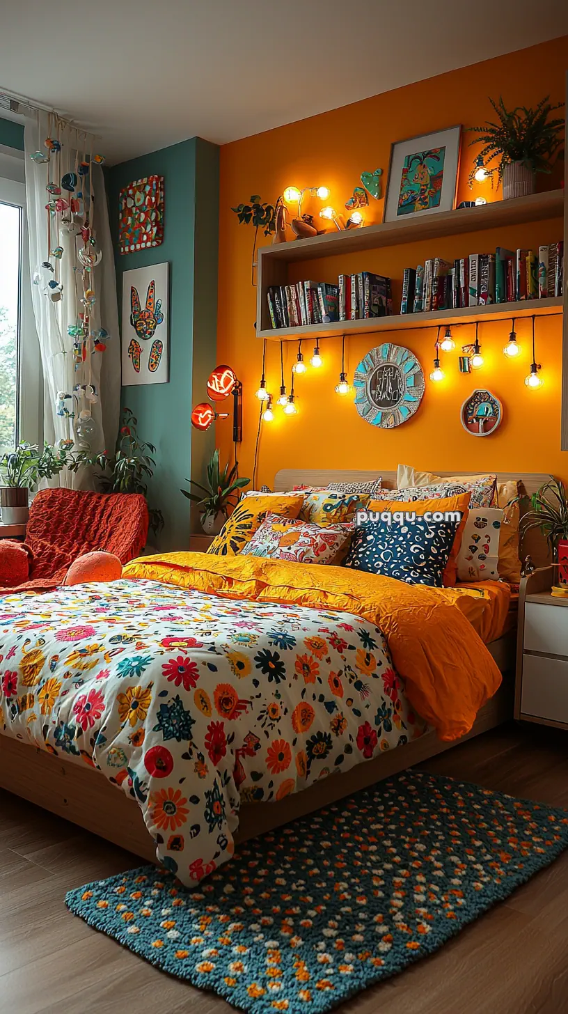 A colorful bedroom with bright orange and teal walls, featuring a neatly made bed with floral patterned bedding, decorative throw pillows, and a wooden shelf above adorned with books and string lights. The room includes various potted plants and eclectic wall art.