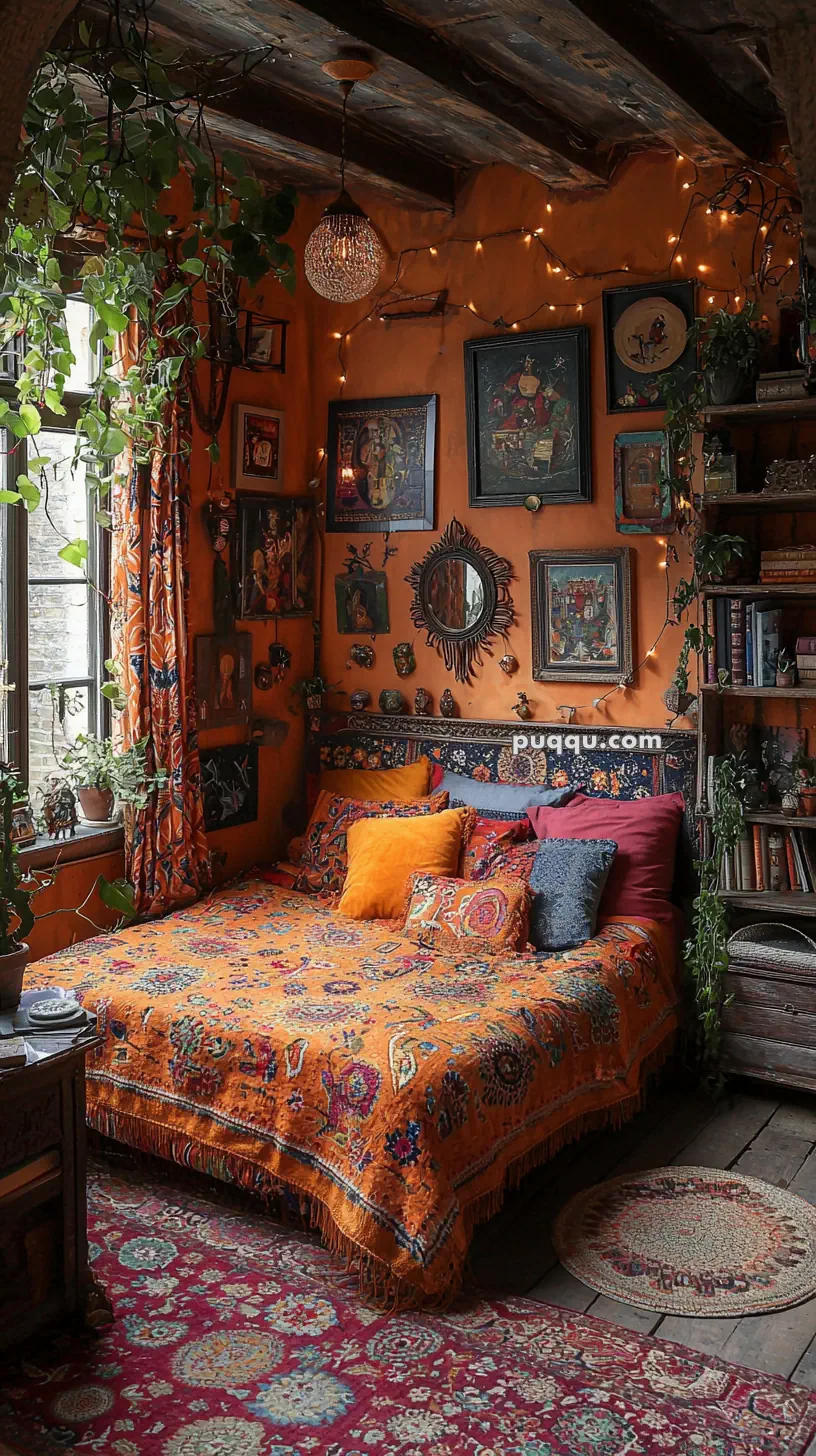 A cozy, bohemian-style bedroom with warm orange walls adorned with various art pieces and mirrors. The bed features a vibrant orange and patterned coverlet with colorful pillows. The room is decorated with indoor plants, fairy lights, and wooden shelving filled with books. A vintage, intricately designed red rug covers the wooden floor.