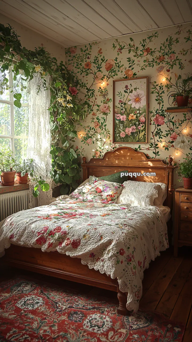 A cozy bedroom with floral wallpaper and a wooden bed covered in a floral quilt. The room is adorned with green plants and has a window with lace curtains, letting in natural light. There are string lights on the wall and a decorative rug on the wooden floor.