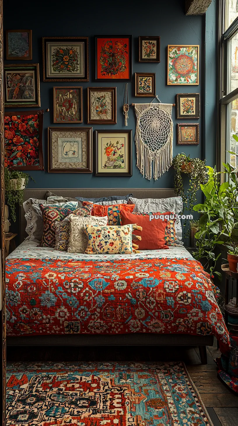 A cozy bedroom with a bed covered in a vibrant red and blue patterned quilt, surrounded by multiple decorative pillows. The wall behind the bed is adorned with a variety of framed floral artworks and a macramé hanging. Several green plants are placed around the room, adding a natural touch, and a large window lets in natural light.