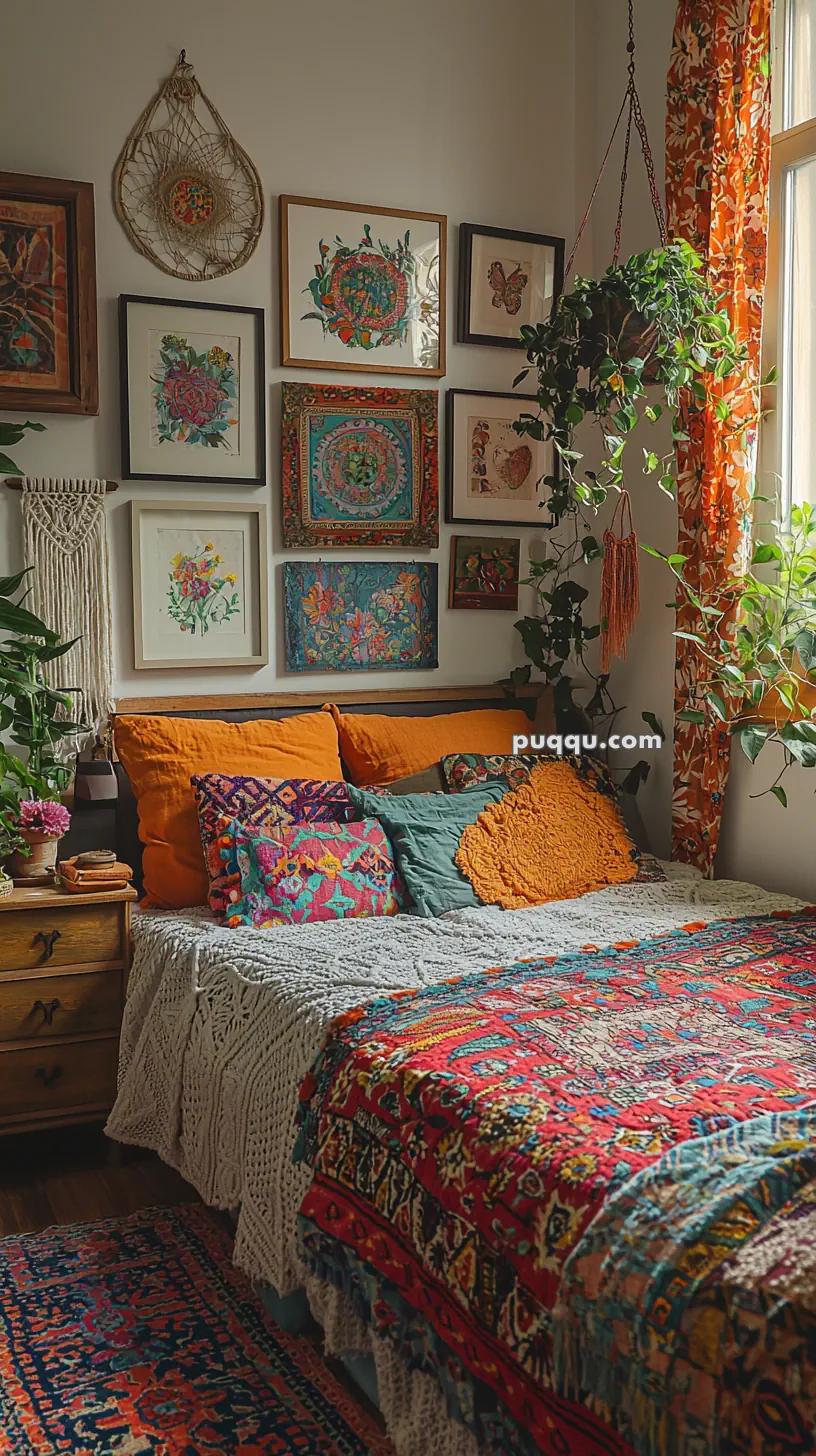 A cozy bedroom with a bohemian style featuring a bed with colorful, patterned pillows and a vibrant quilt. The walls are adorned with framed artwork, and numerous plants add a touch of greenery. A woven dreamcatcher is hung above the bed, and bright orange curtains add warmth to the room.