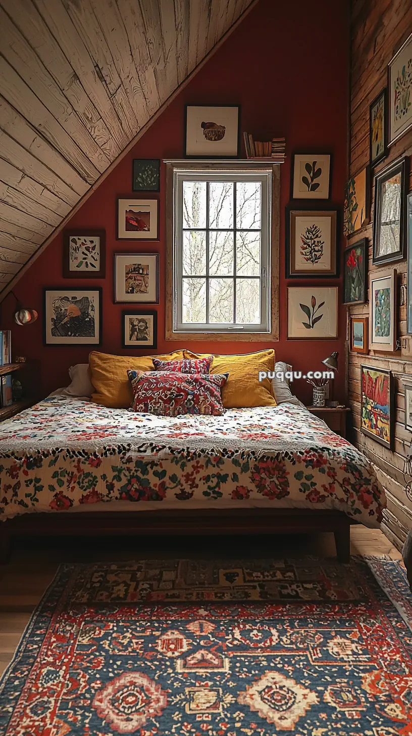 A cozy attic bedroom featuring a floral patterned bedspread on a bed under a sloped wooden ceiling. The walls are adorned with various artworks and a window in the middle lets in natural light. A vibrant rug with intricate designs covers the wooden floor.