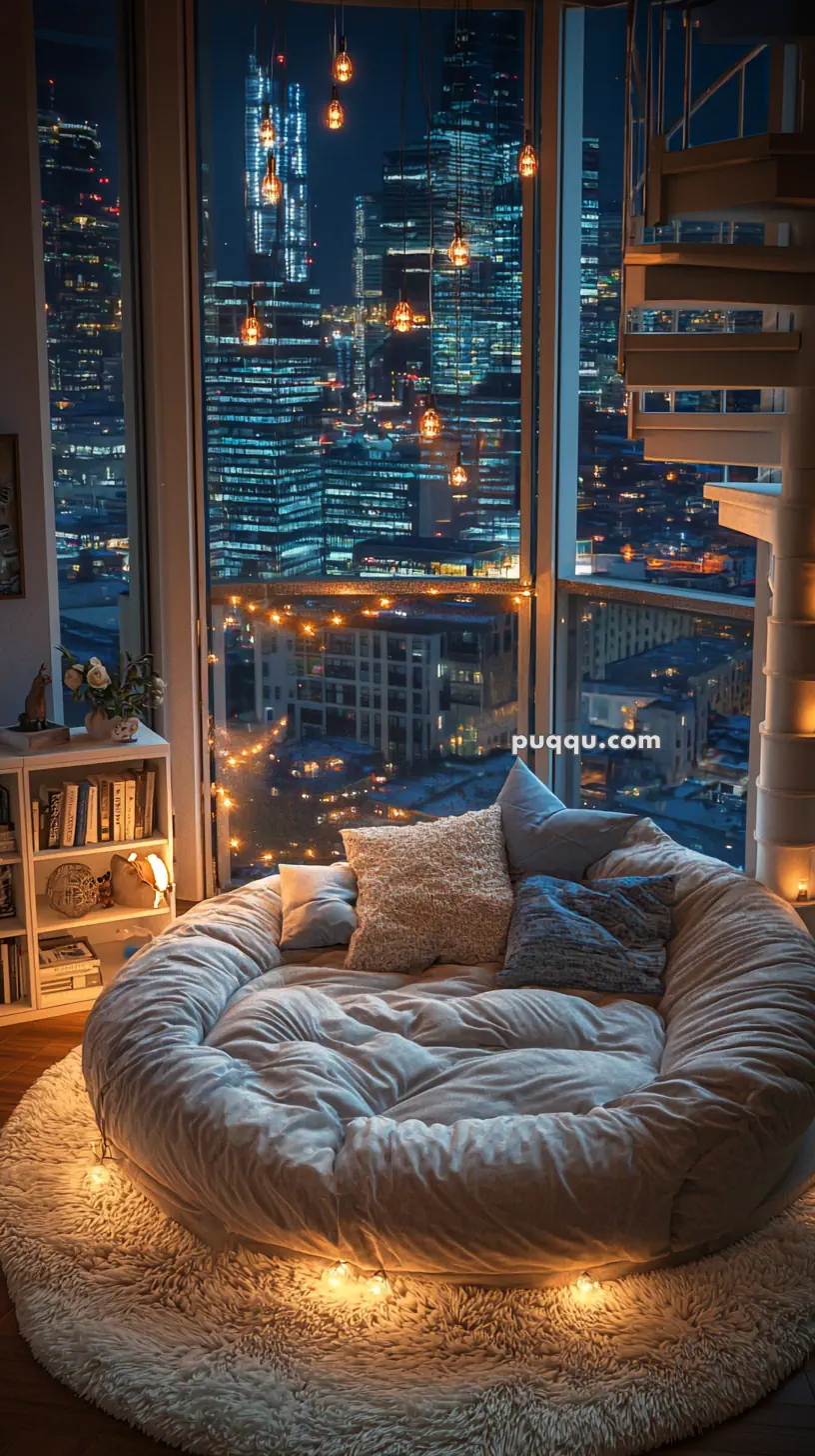 A cozy room with a large, round cushioned seating area surrounded by soft pillows, situated by floor-to-ceiling windows showing a nighttime cityscape. Several hanging light bulbs and string lights add ambient lighting, and a spiral staircase leads upwards. A white shag rug covers the floor beneath the couch, and a small shelf with books and decorative items is visible on the left.