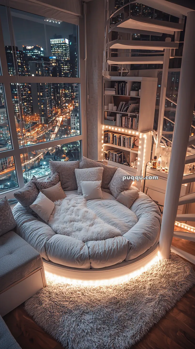 A cozy, circular bed with fluffy pillows and blankets, surrounded by a soft, illuminated edge. The area features a plush carpet and a spiral staircase, with a view of city lights through large windows.